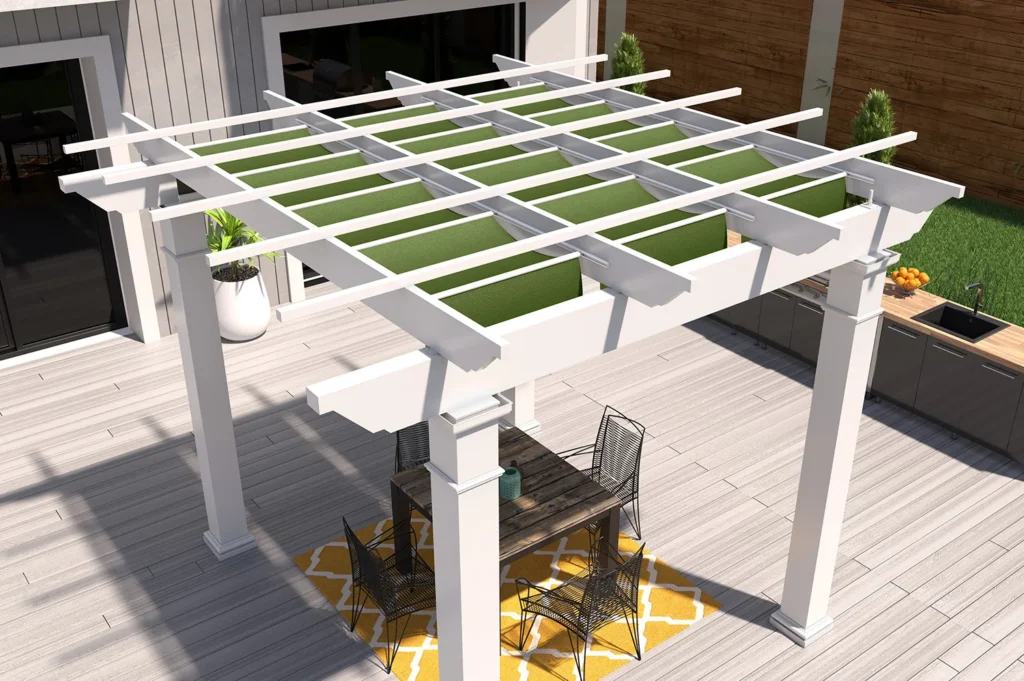 ShadeFlex Fit Retractable Canopy installed on a white pergola