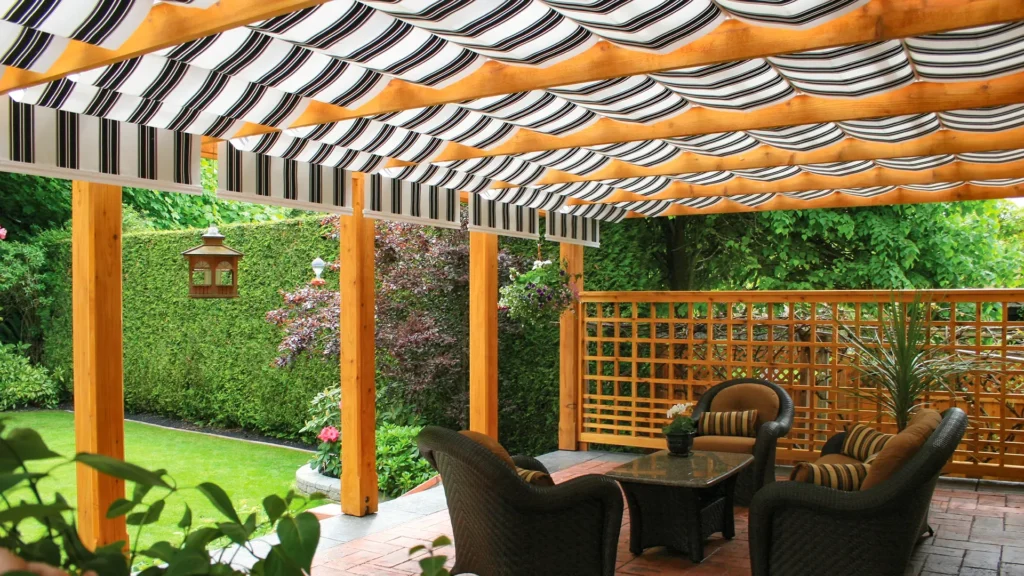 ShadeFlex Fit Outdoor Canopies On Wooden Backyard Pergola