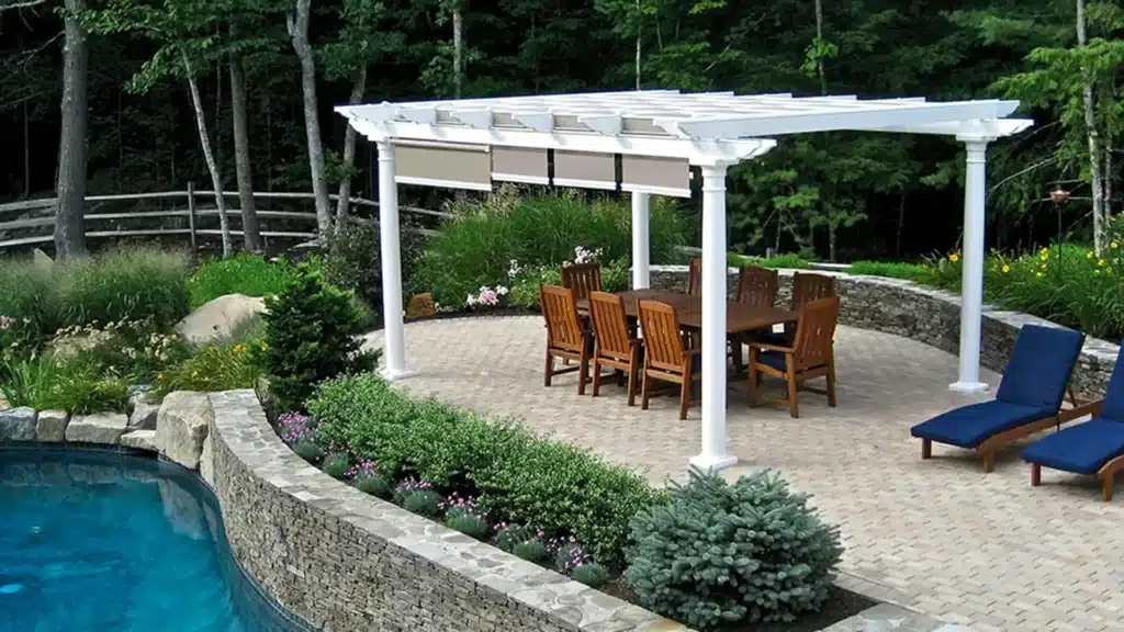 Vista Vinyl Pergola with ShadeFlex Outdoor Canopies Poolside