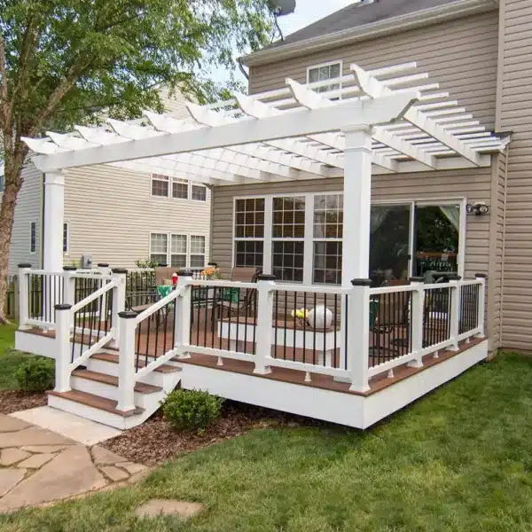 An attached Trex Pergola shading a deck