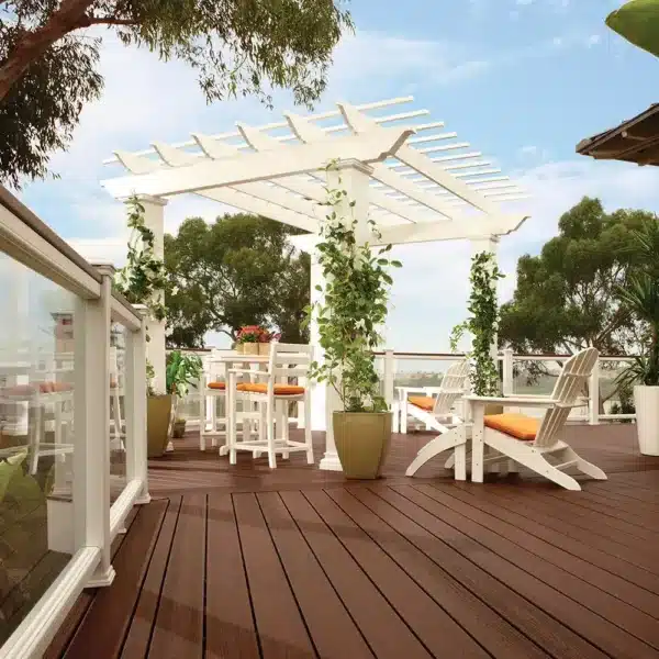Freestanding Trex Pergola shading a deck, low angle view
