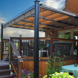 An Attached Craftsman Aluminum Patio Cover with string lights shading an outdoor lounge space