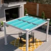 A render of an Outlook Aluminum Patio Cover shading an outdoor dining table, overhead view