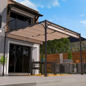 A render of a Freestanding Silhouette Aluminum Patio Cover shading a deck, low angle view