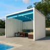 Zephyr Cabana with three curtains and blue canopies poolside