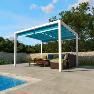 Zephyr Cabana with blue canopies poolside