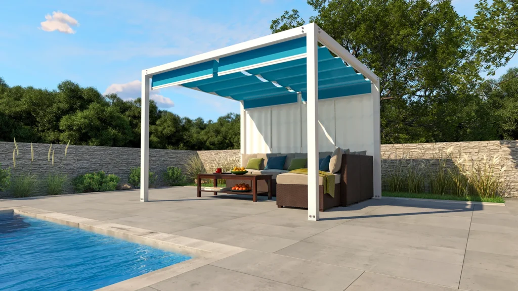 Zephyr Cabana with one curtain and blue canopies poolside
