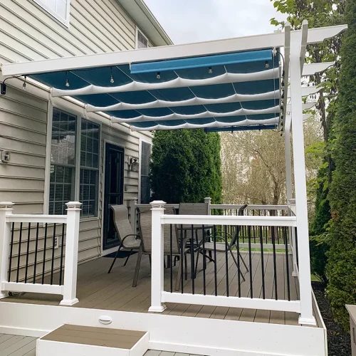 vista vinyl pergola with blue canopies