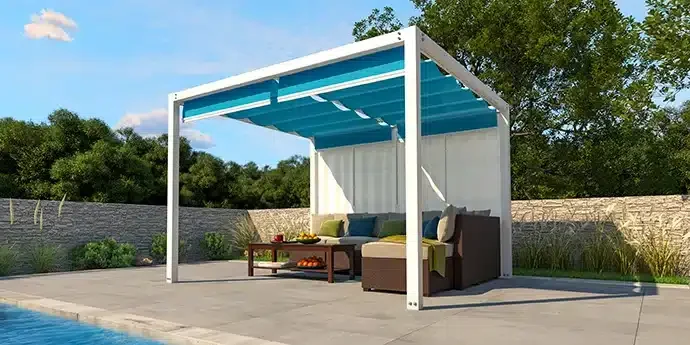 Zephyr Cabana with one curtain and blue canopies poolside